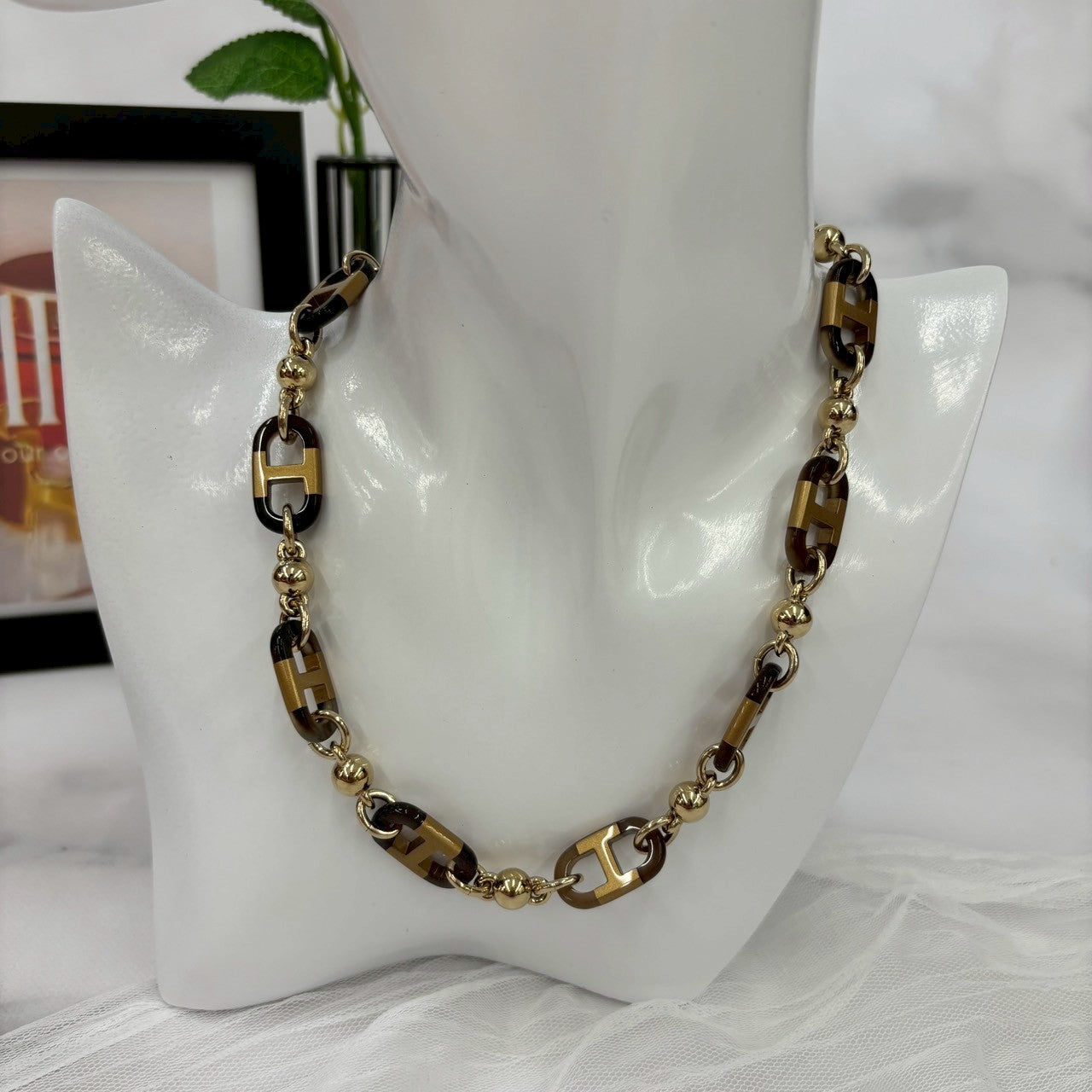鑑定済み【 美品 】エルメス 《 シュルメール 》 ブラック ブラウン グレー ゴールド金具 アクセサリー ネックレス
