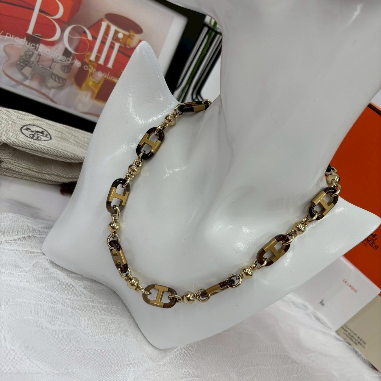 鑑定済み【 美品 】エルメス 《 シュルメール 》 ブラック ブラウン グレー ゴールド金具 アクセサリー ネックレス