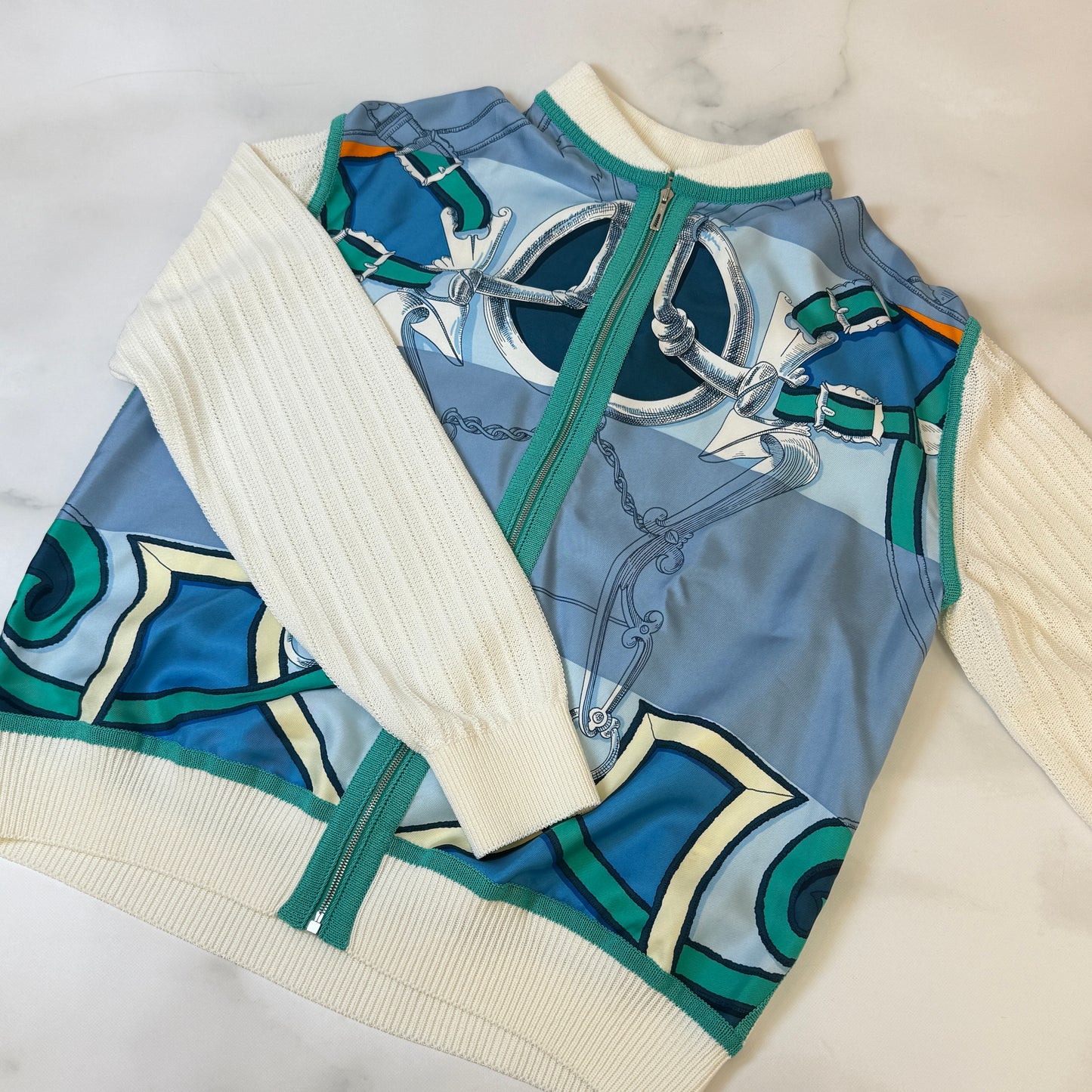 【 鑑定済み 】 エルメス ツイルレーヌ ジップアップジャケット 36 ( Sサイズ程度 ) ホワイト 水色 グリーン シルク 綿 ニット リブ袖 アウター