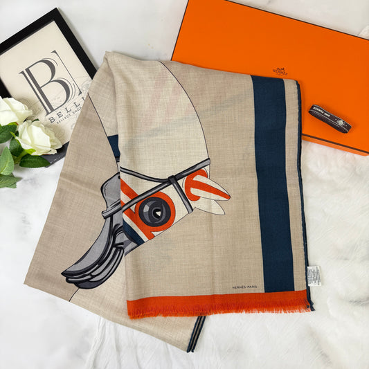 鑑定済み【 新品未使用 】エルメス レクタングル 《 馬着とともに 》 ベージュ ブルーオレンジ カシシル ストール
