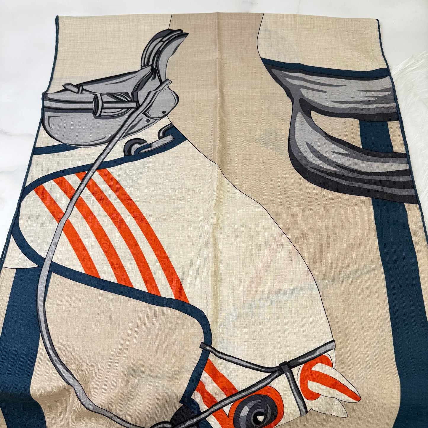 鑑定済み【 新品未使用 】エルメス レクタングル 《 馬着とともに 》 ベージュ ブルーオレンジ カシシル ストール
