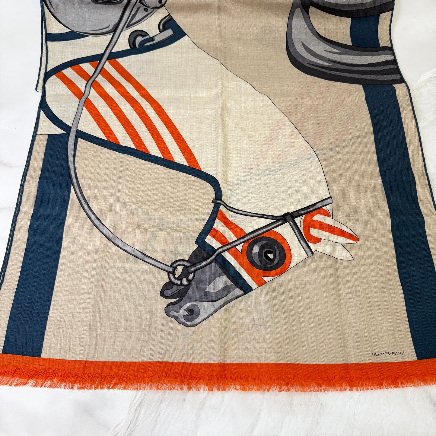 鑑定済み【 新品未使用 】エルメス レクタングル 《 馬着とともに 》 ベージュ ブルーオレンジ カシシル ストール