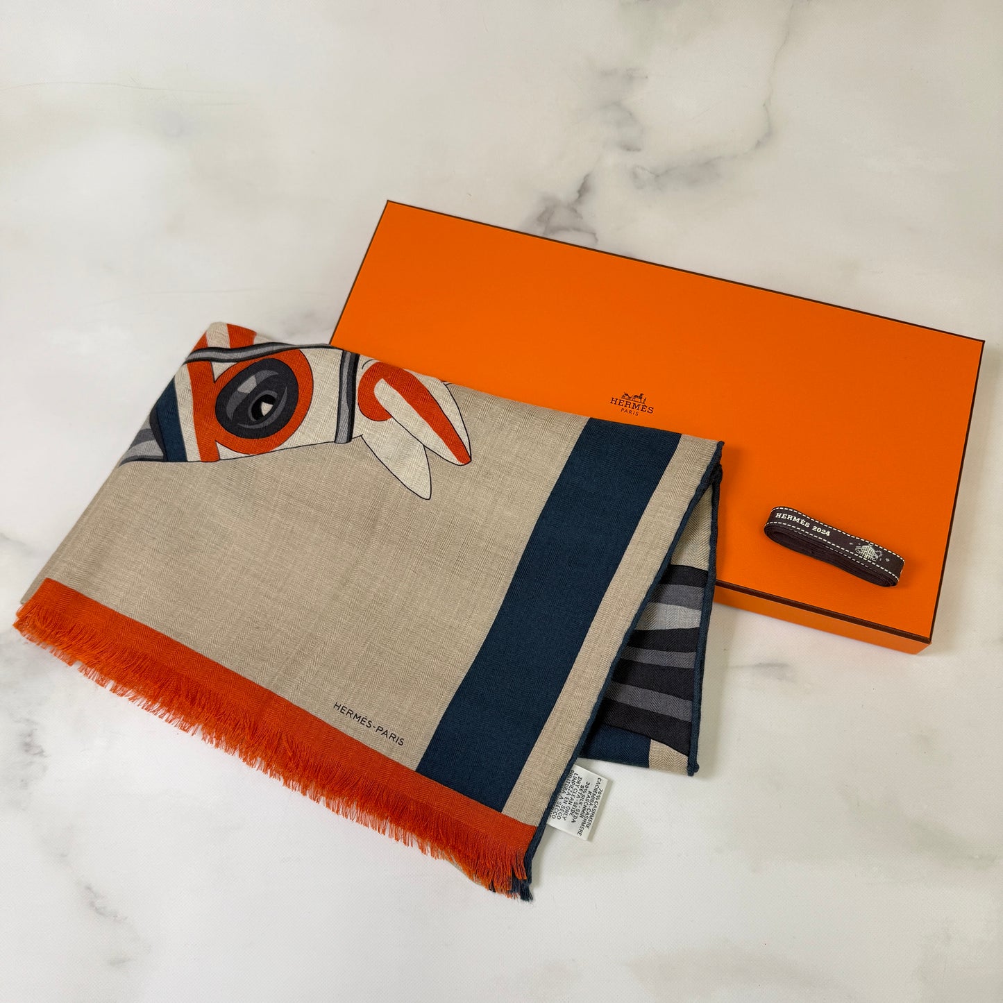 鑑定済み【 新品未使用 】エルメス レクタングル 《 馬着とともに 》 ベージュ ブルーオレンジ カシシル ストール