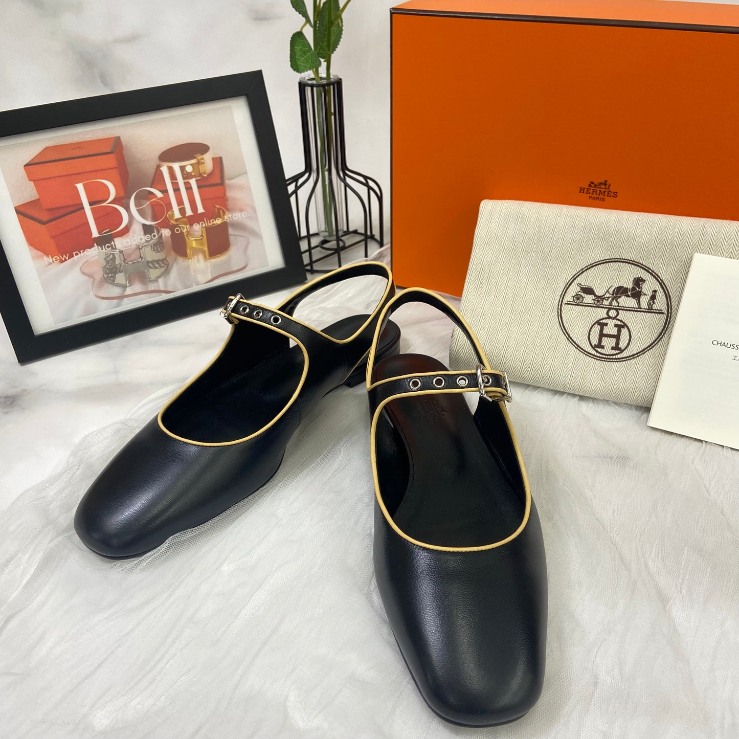 【 新品未使用 】 エルメス 《 クレオ 》 37 24cm程度 ブラック ベージュ シルバー金具 バレーシューズ H ロゴ