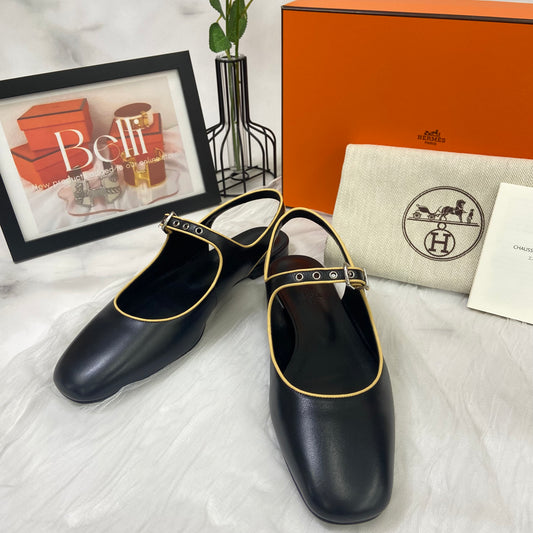 【 新品未使用 】 エルメス 《 クレオ 》 37 24cm程度 ブラック ベージュ シルバー金具 バレーシューズ H ロゴ