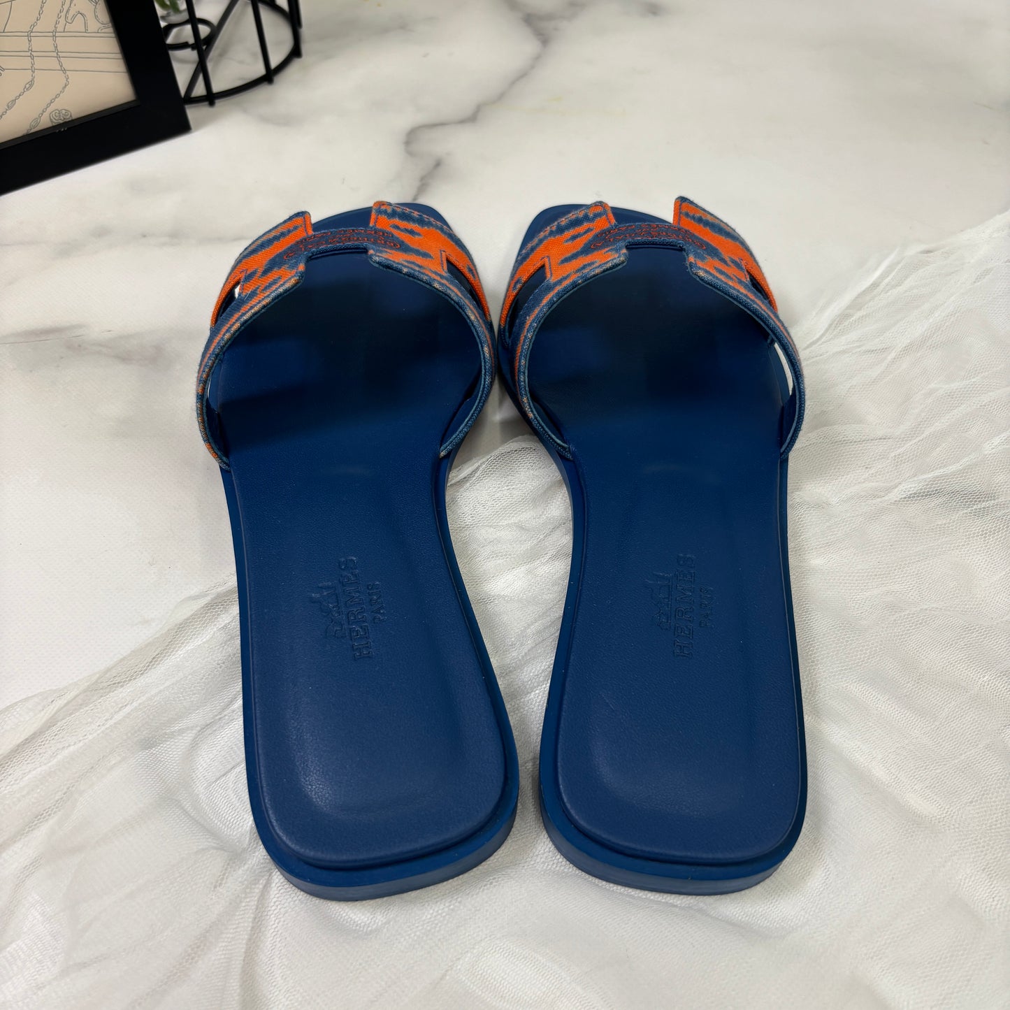鑑定済み【 新品 】エルメス 《 オラン 》 ブリッド・ドゥ・ガラ 35 22.5cm程度 ブルー オレンジ サンダル