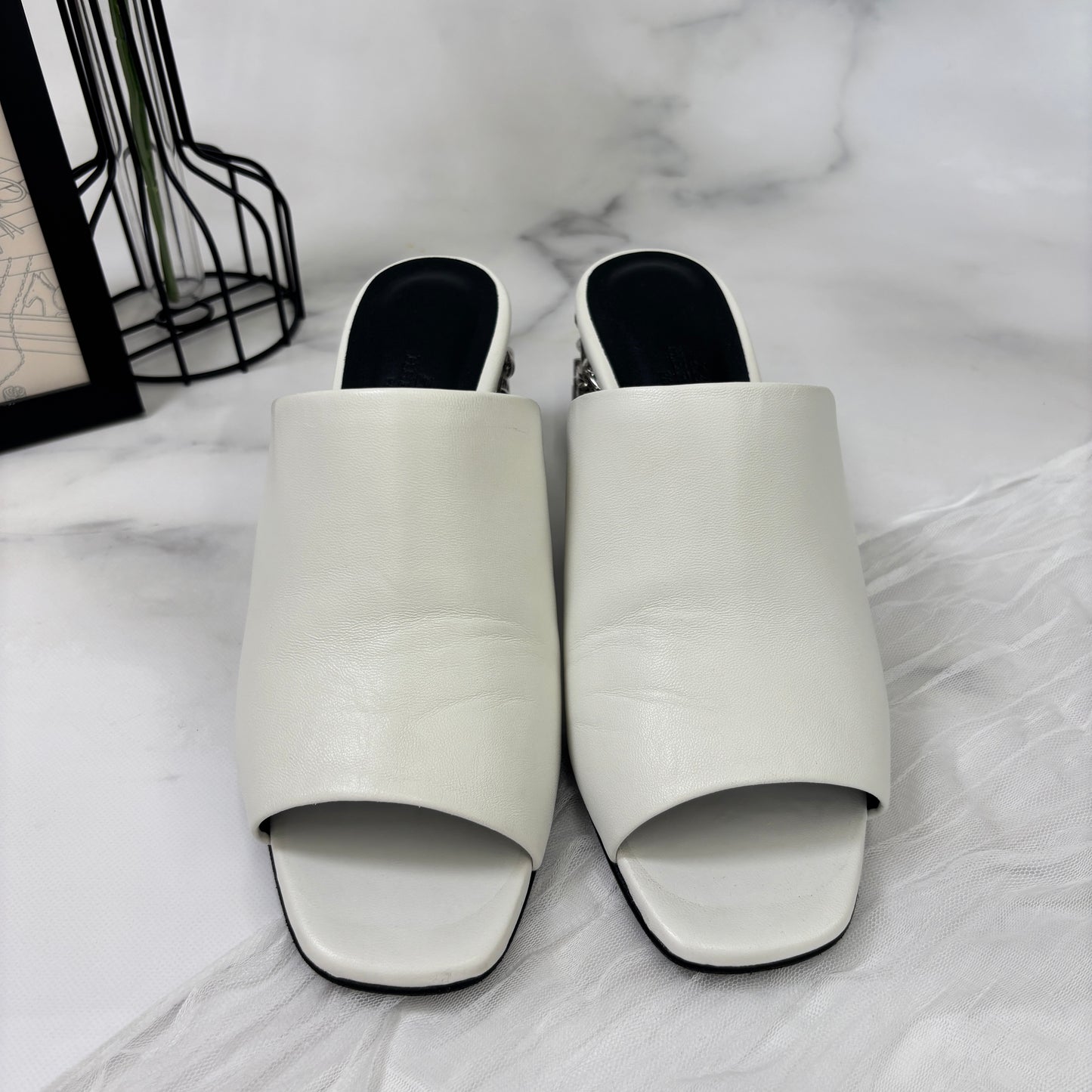 【 鑑定済み 】エルメス 《 グロッシー 》 60 37 24cm程度 ホワイト サンダル シェーヌダンクル モチーフ ヒール