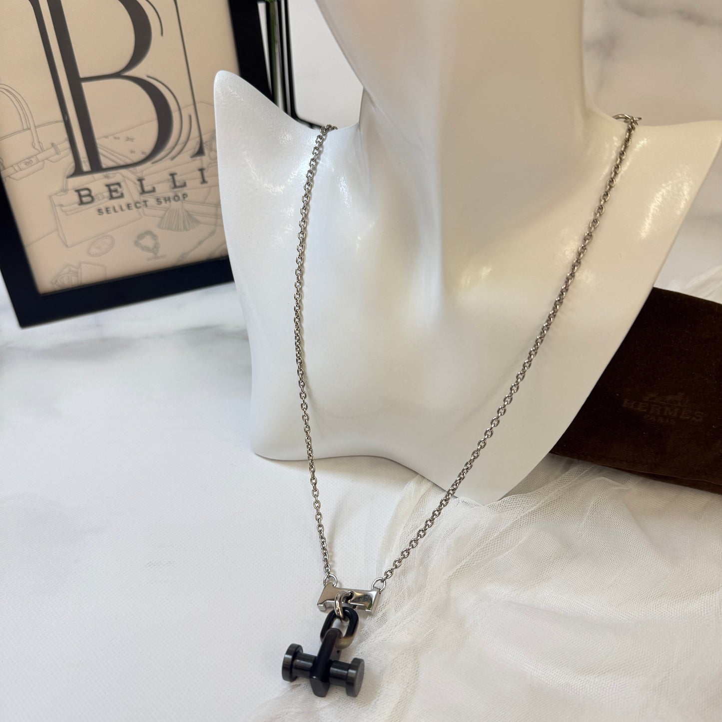 鑑定済み【 美品 】エルメス 《 モビール H 》 シルバー ブラック ブラウン系 バッファローホーン メタル ネックレス