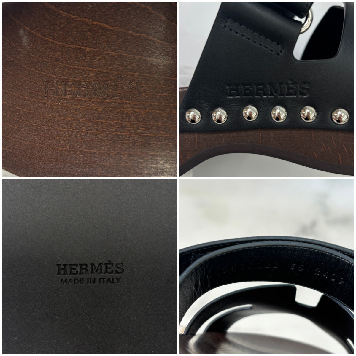 鑑定済み【 新品 】エルメス 《 コス 》 35 22.5cm程度 ブラック ブラウン シルバー金具 レザー ウッド サンダル 厚底