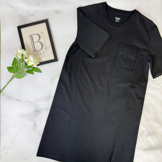 鑑定済み【 美品 】エルメス 《 Embroidered pocket flared dress 》 34 ( XSサイズ程度 ) ブラック コットン ワンピース ドレス レース 刺繍