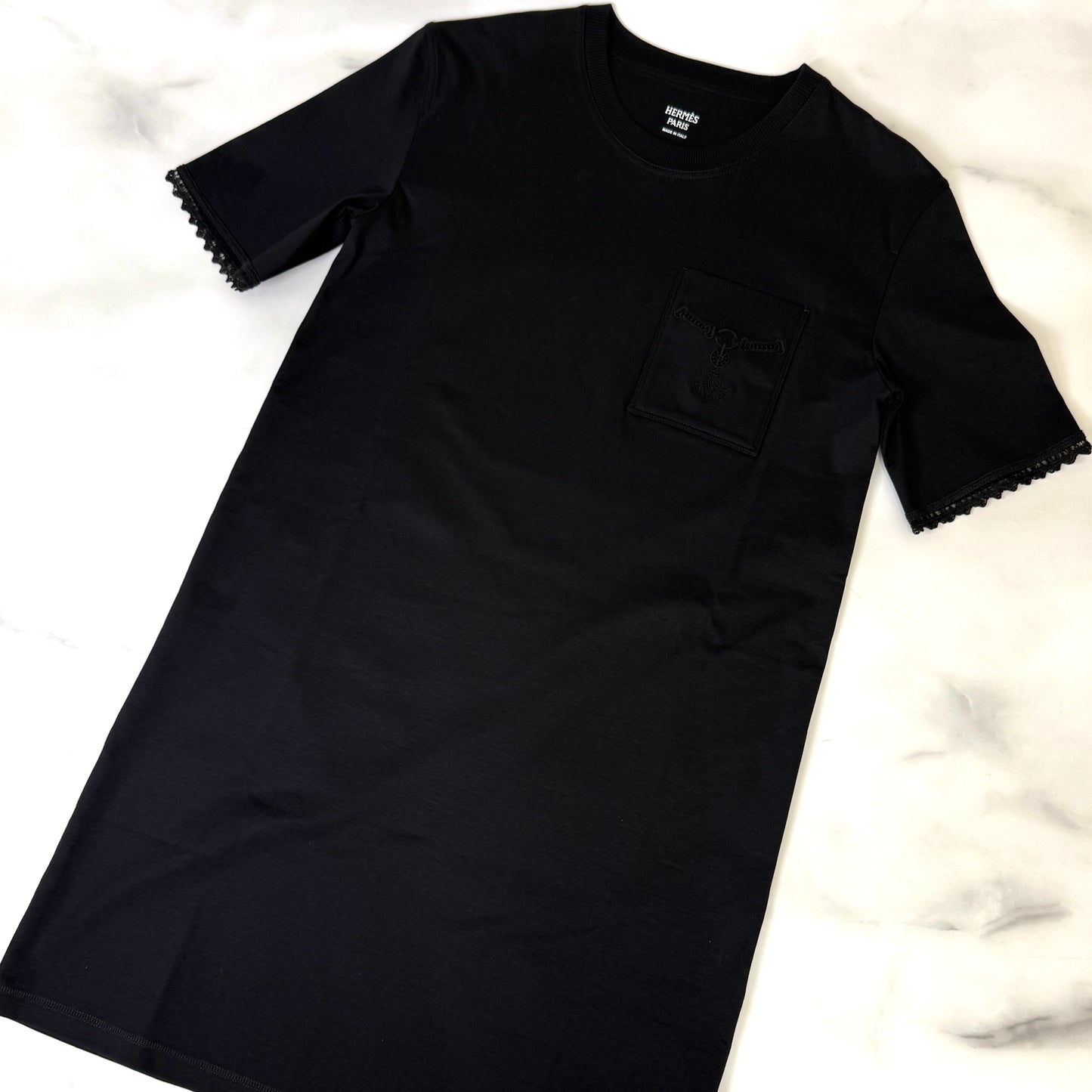 鑑定済み【 美品 】エルメス 《 Embroidered pocket flared dress 》 34 ( XSサイズ程度 ) ブラック コットン ワンピース ドレス レース 刺繍