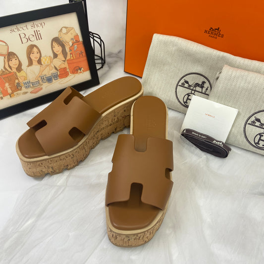 【 鑑定済み 】エルメス 《 エズ 》 36 23cm程度 ゴールド ブラウン ベージュ 厚底 サンダル コルク