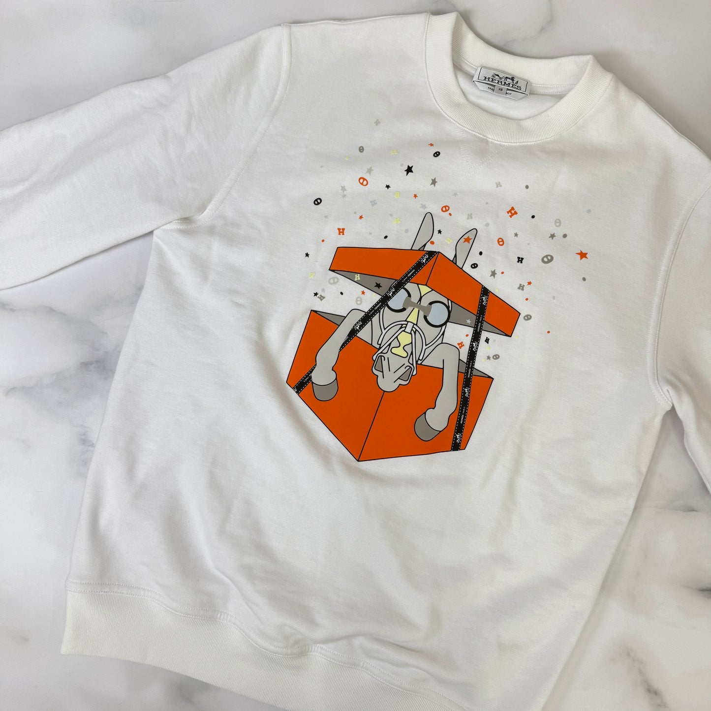 鑑定済み【 美品】エルメス  《 サプライズ ボックス 》XS ホワイト オレンジ コットン メンズ トレーナー 2024 SS 春夏