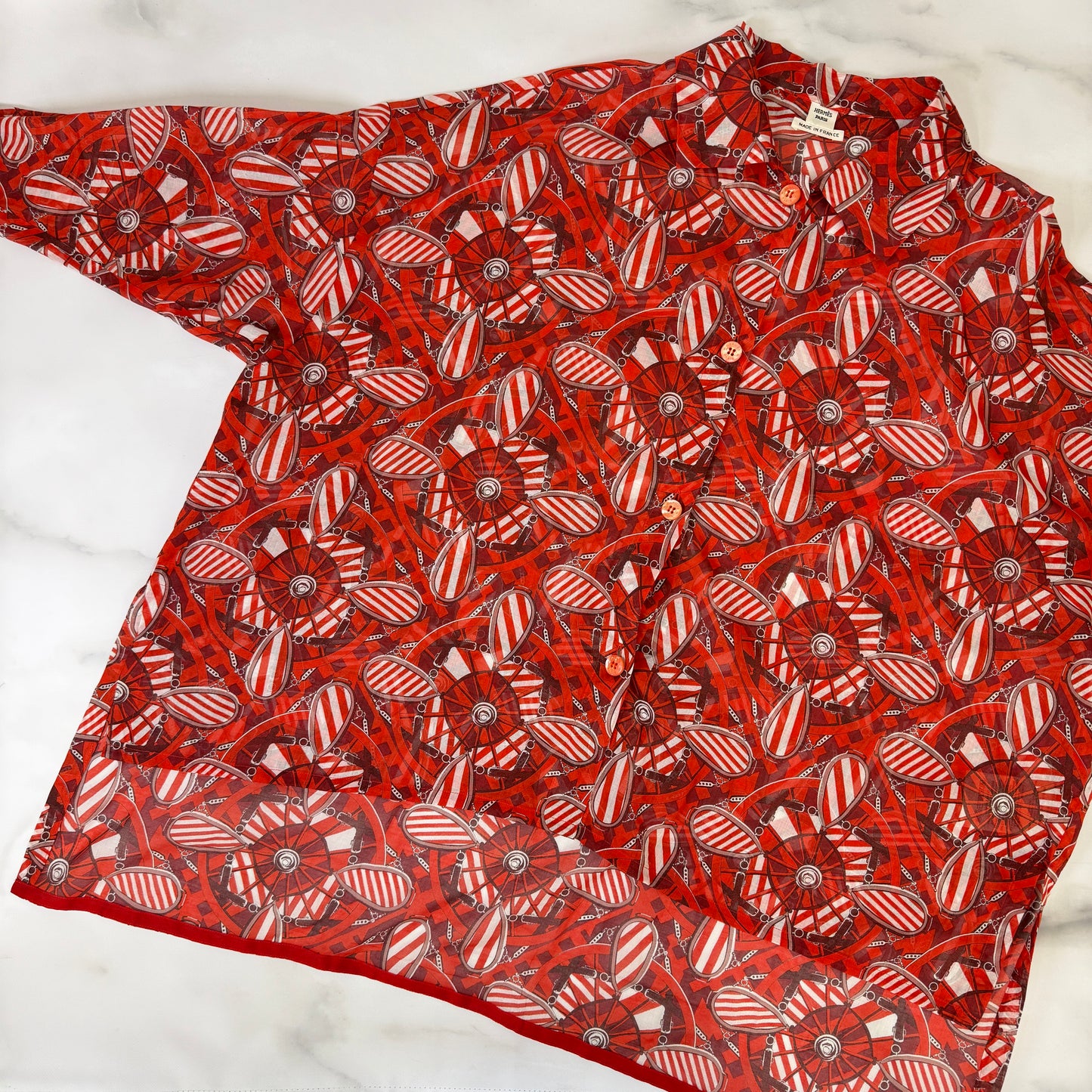 鑑定済み【 美品 】エルメス シャツ 38 ( Mサイズ程度 ) レッド コットン ビーチウェアコレクション 半袖 シャツ