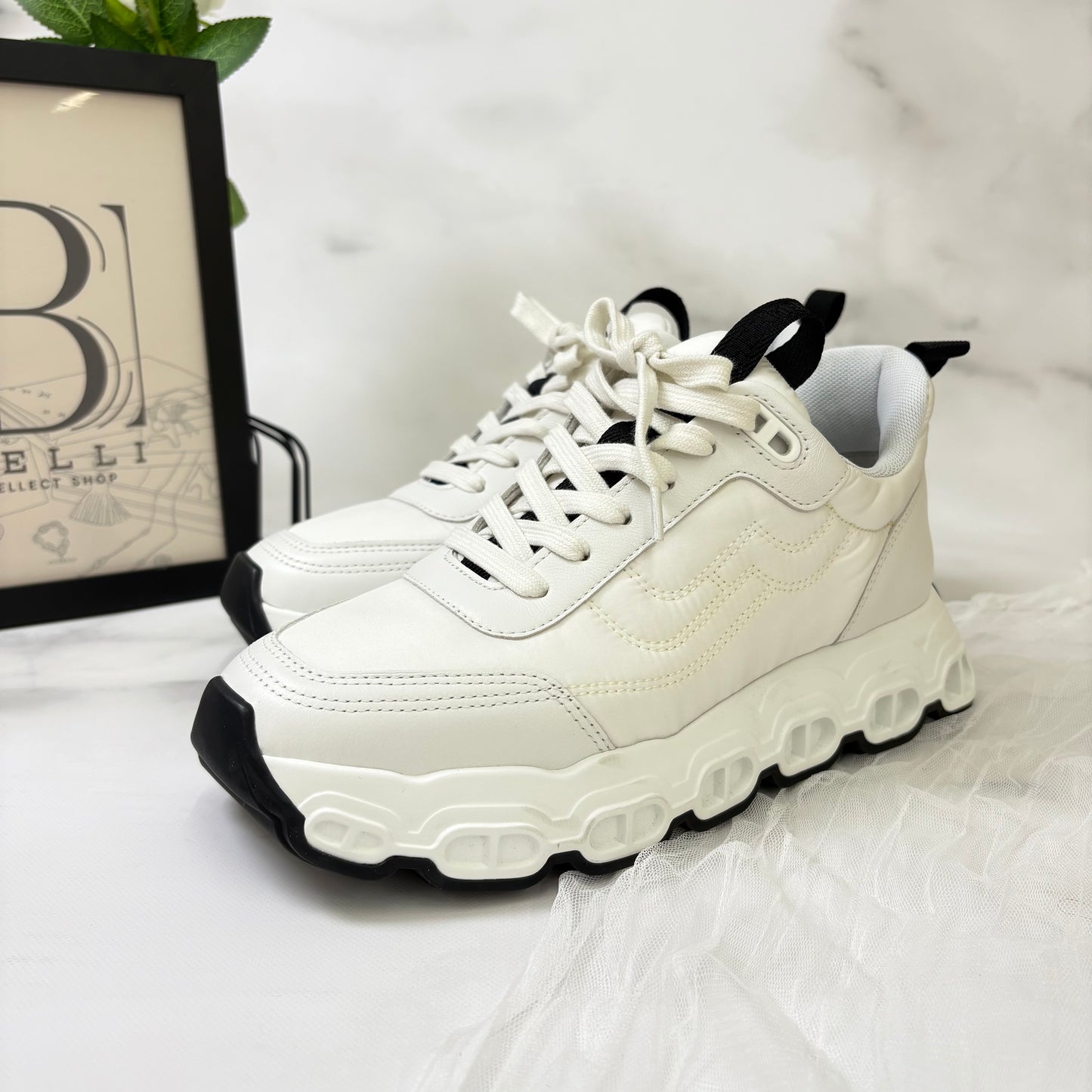 【 鑑定済み 】エルメス 《 インパルス 》 37.5 ホワイト ブラック シェーヴル スニーカー シェーヌダンクル 厚底 レザー