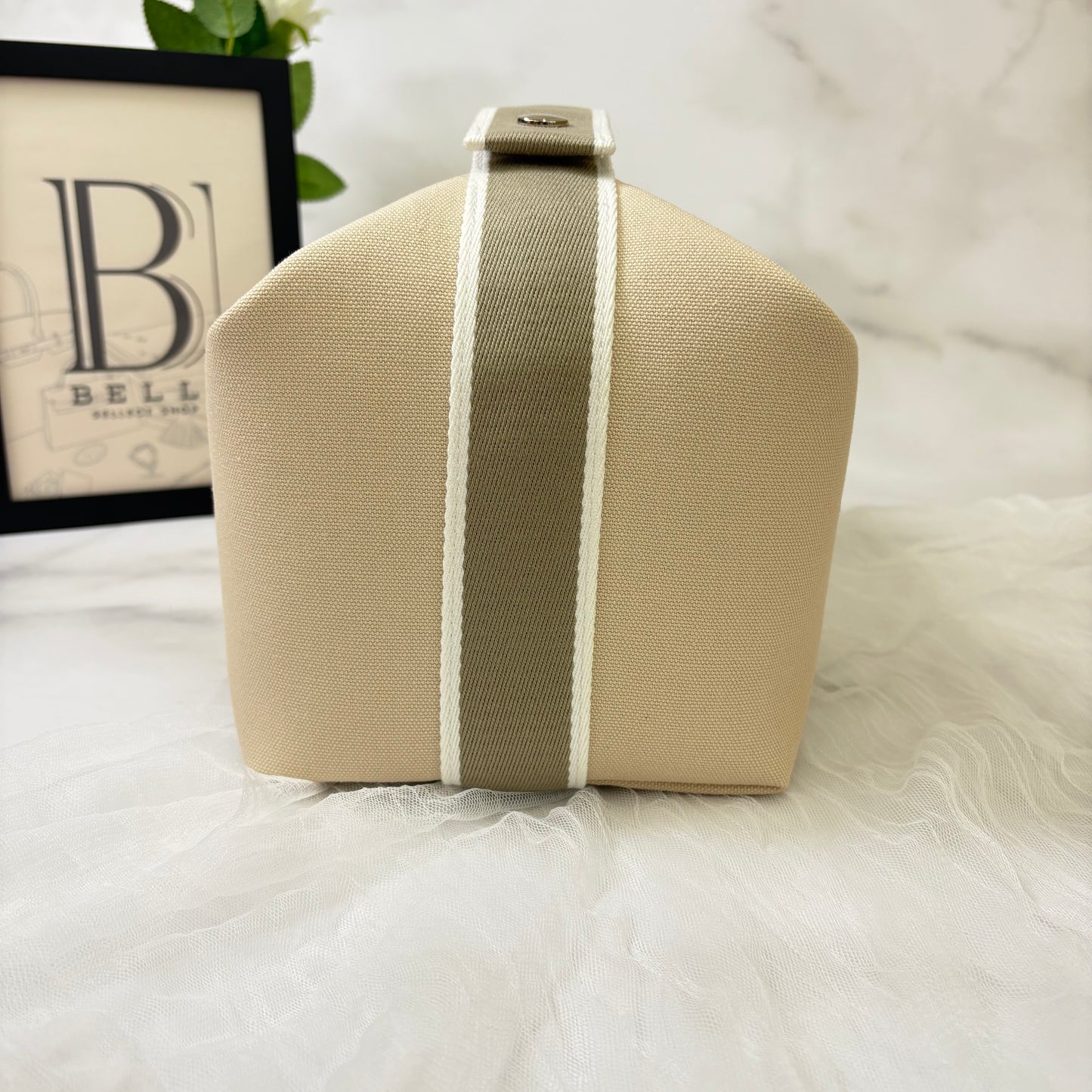 鑑定済み【 美品 】エルメス 《 ブリッド・ア・ブラック 》 GM ナチュラル ベージュ グレー シルバー金具 コットン ハンドバッグ ポーチ Hロゴ