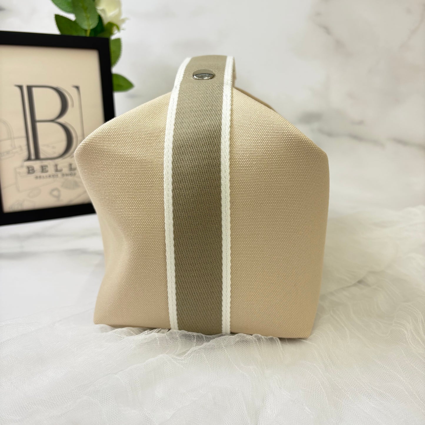 鑑定済み【 美品 】エルメス 《 ブリッド・ア・ブラック 》 GM ナチュラル ベージュ グレー シルバー金具 コットン ハンドバッグ ポーチ Hロゴ