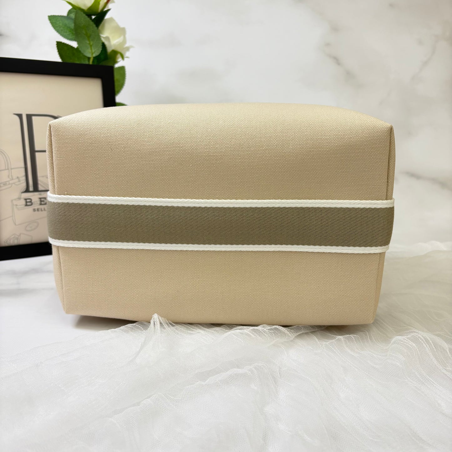 鑑定済み【 美品 】エルメス 《 ブリッド・ア・ブラック 》 GM ナチュラル ベージュ グレー シルバー金具 コットン ハンドバッグ ポーチ Hロゴ