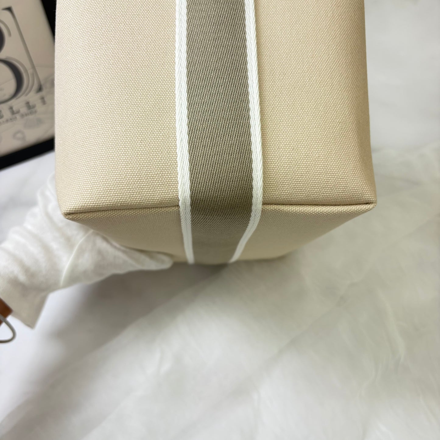 鑑定済み【 美品 】エルメス 《 ブリッド・ア・ブラック 》 GM ナチュラル ベージュ グレー シルバー金具 コットン ハンドバッグ ポーチ Hロゴ
