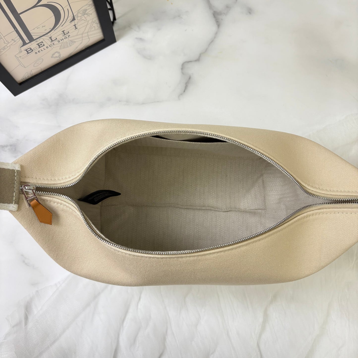 鑑定済み【 美品 】エルメス 《 ブリッド・ア・ブラック 》 GM ナチュラル ベージュ グレー シルバー金具 コットン ハンドバッグ ポーチ Hロゴ