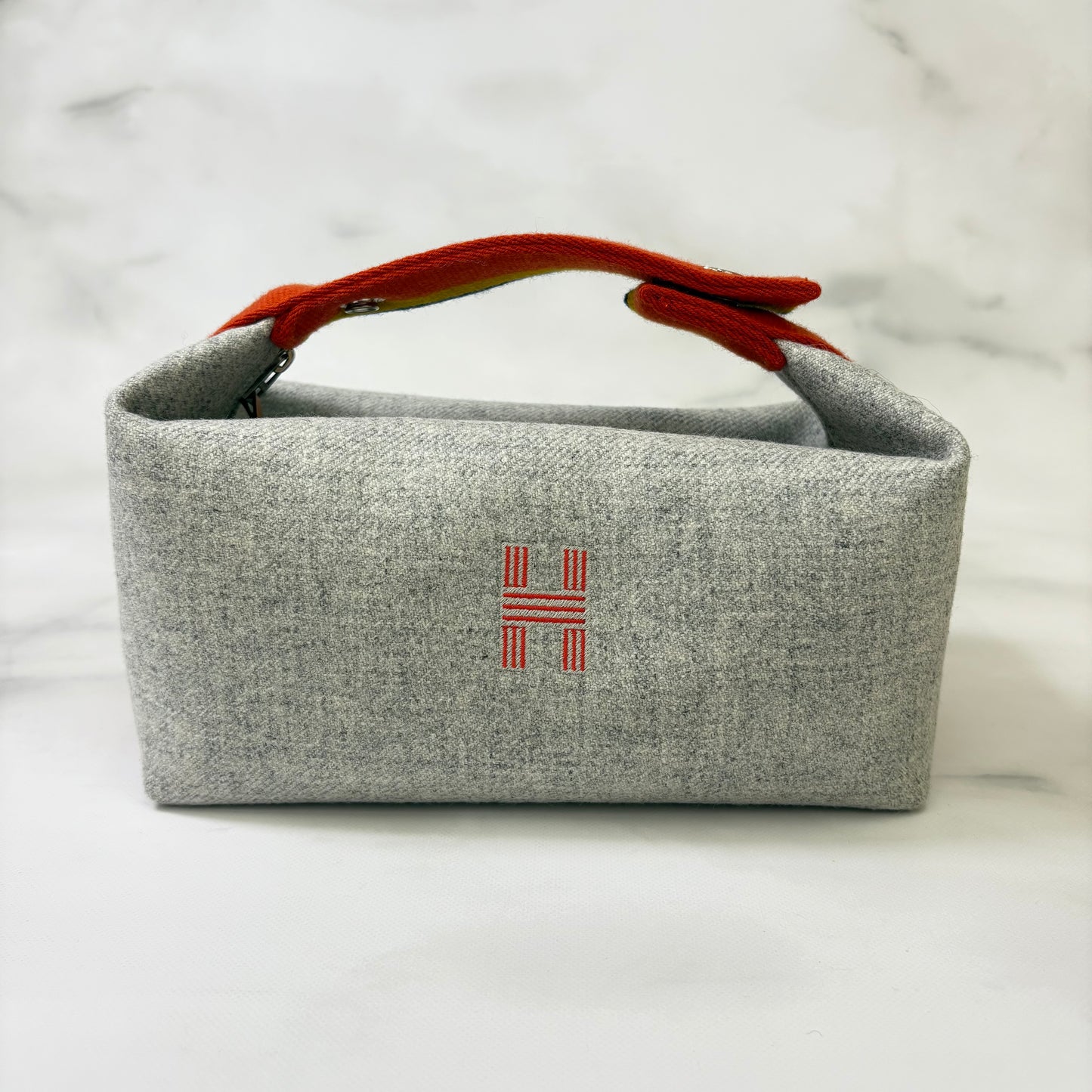 鑑定済み【 美品 】エルメス 《 ブリッド・ア・ブラック 》 PM グレー オレンジ シルバー金具 ウール ハンドバッグ ポーチ Hロゴ