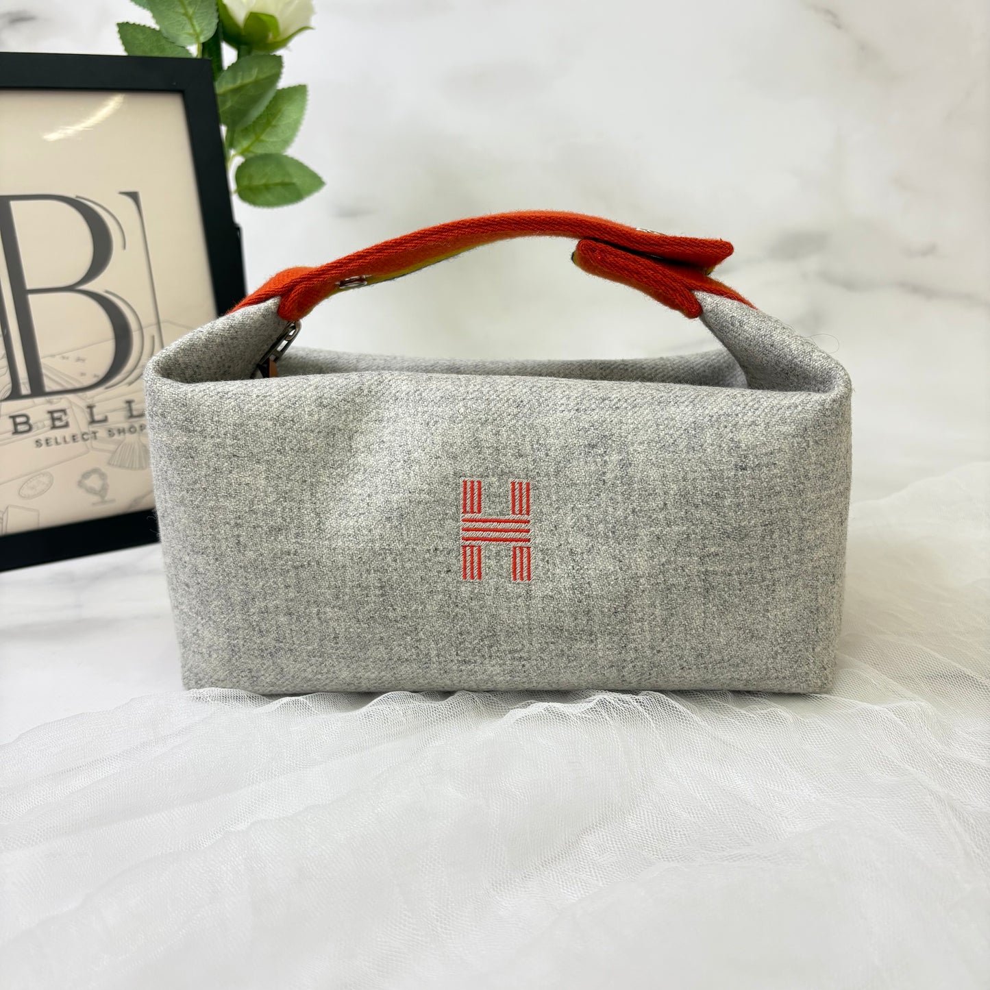 鑑定済み【 美品 】エルメス 《 ブリッド・ア・ブラック 》 PM グレー オレンジ シルバー金具 ウール ハンドバッグ ポーチ Hロゴ