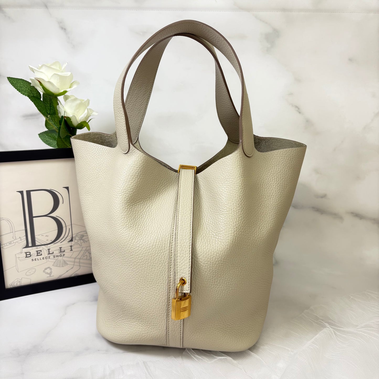 【 鑑定済み 】エルメス  ピコタンロック 26 GM トリヨンクレマンス べトン アイボリー ゴールド金具  C刻印 ハンドバッグ
