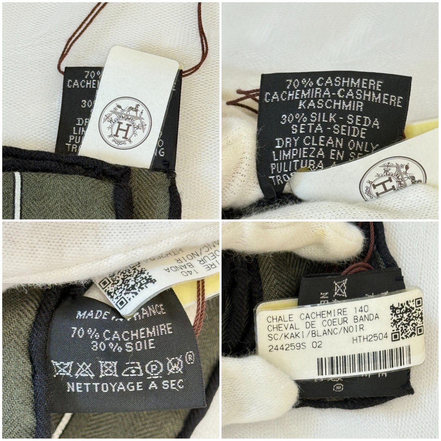 鑑定済み【 新品未使用 】エルメス カレジェアン 140 《 シュヴァル ドゥ クール バンダナ 》 カーキ ホワイト カシシル バンダナ スカーフ ハート 馬 ペイズリー