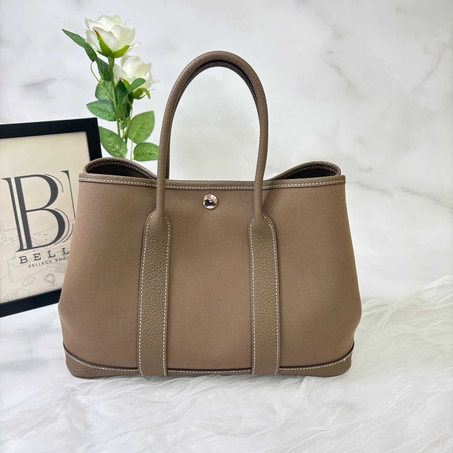 【 鑑定済み 】エルメス ガーデンパーティ 30 TPM レザー キャンバス エトゥープ  シルバー金具 A刻印 トートバッグ ハンドバッグ