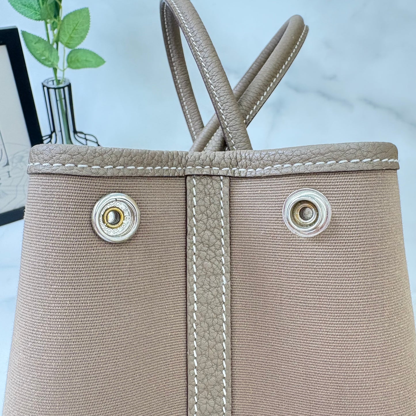 【 鑑定済み 】エルメス ガーデンパーティ 30 TPM レザー キャンバス エトゥープ  シルバー金具 A刻印 トートバッグ ハンドバッグ