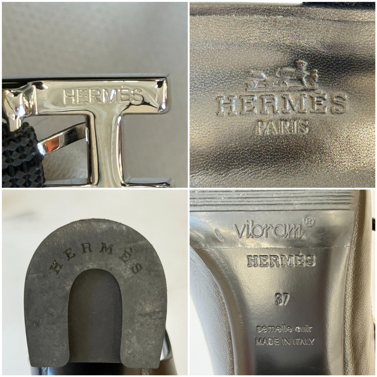 鑑定済み【 備品 】エルメス 《 ジャッキー 》 37 ( 24cm程度 ) ブラック シルバー金具 レザー シェーヴル パンプス Hロゴ アピ バックル