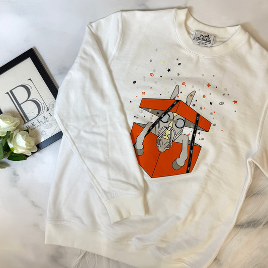 鑑定済み【 美品】エルメス  《 サプライズ ボックス 》XS ホワイト オレンジ コットン メンズ トレーナー 2024 SS 春夏