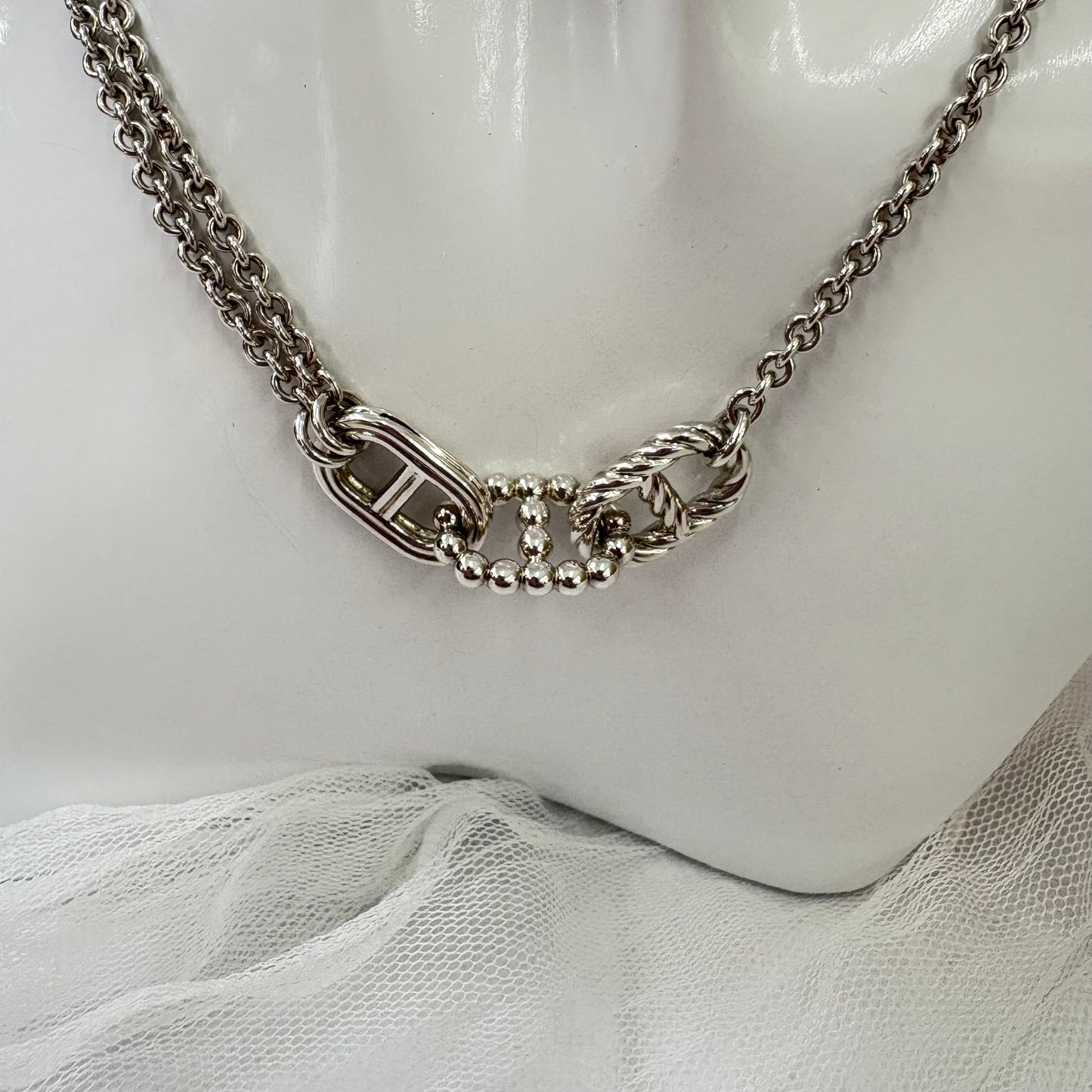 【 鑑定済み 】エルメス 《 シェーヌ ダンクル パラード 》シルバー Ag925 ロングネックレス アクセサリー ２連