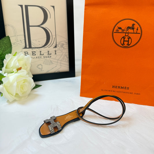 鑑定済み【 美品 】エルメス 《 オラン ナノ 》 ゴールド ブラウン ブラック レザー リザード チャーム サンダル