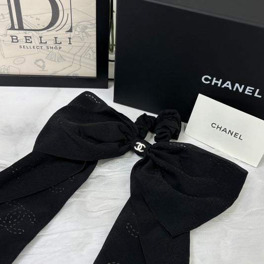 鑑定済み【 美品 】シャネル シュシュ ブラック ゴールド金具 シルク リボン ロゴ