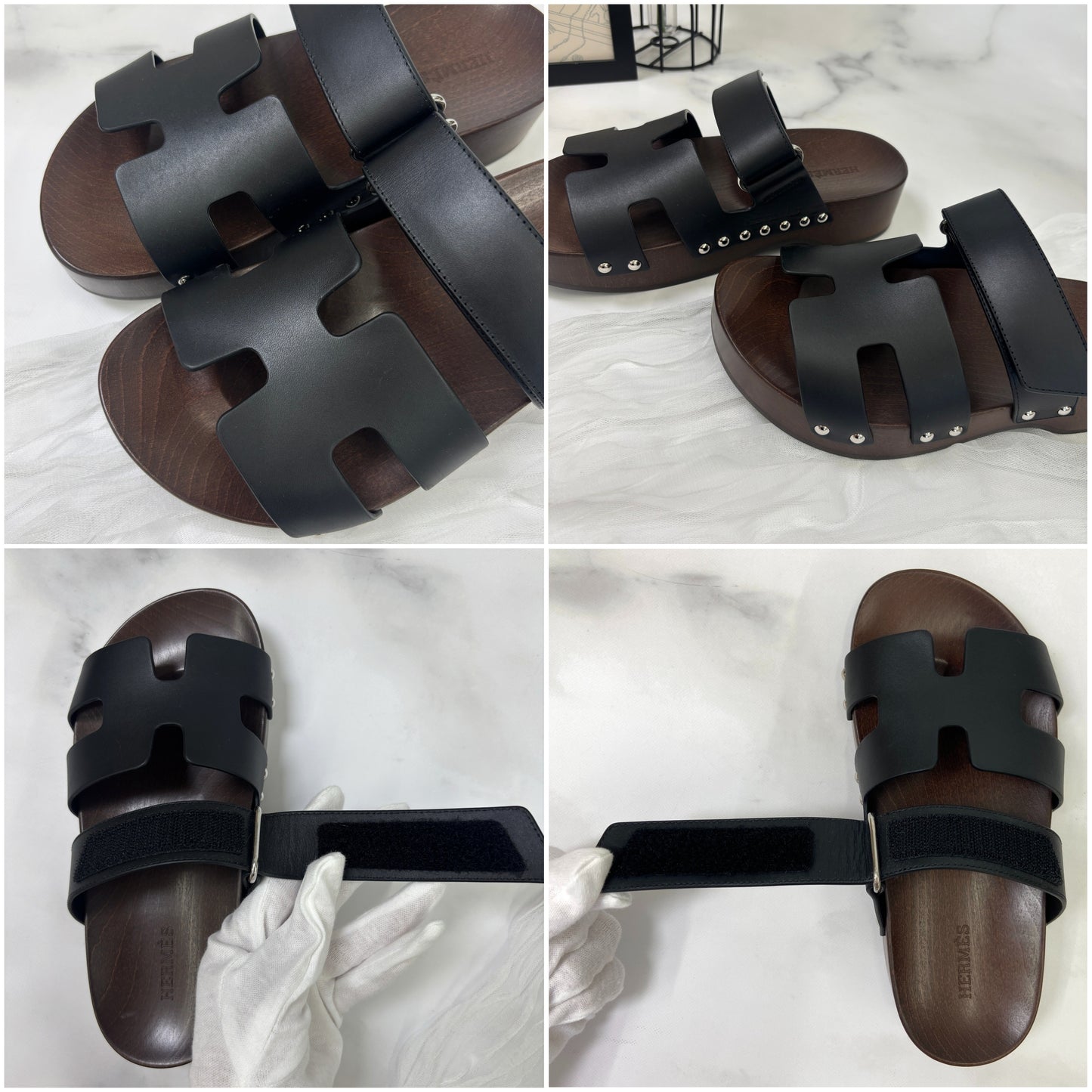 鑑定済み【 新品 】エルメス 《 コス 》 35 22.5cm程度 ブラック ブラウン シルバー金具 レザー ウッド サンダル 厚底