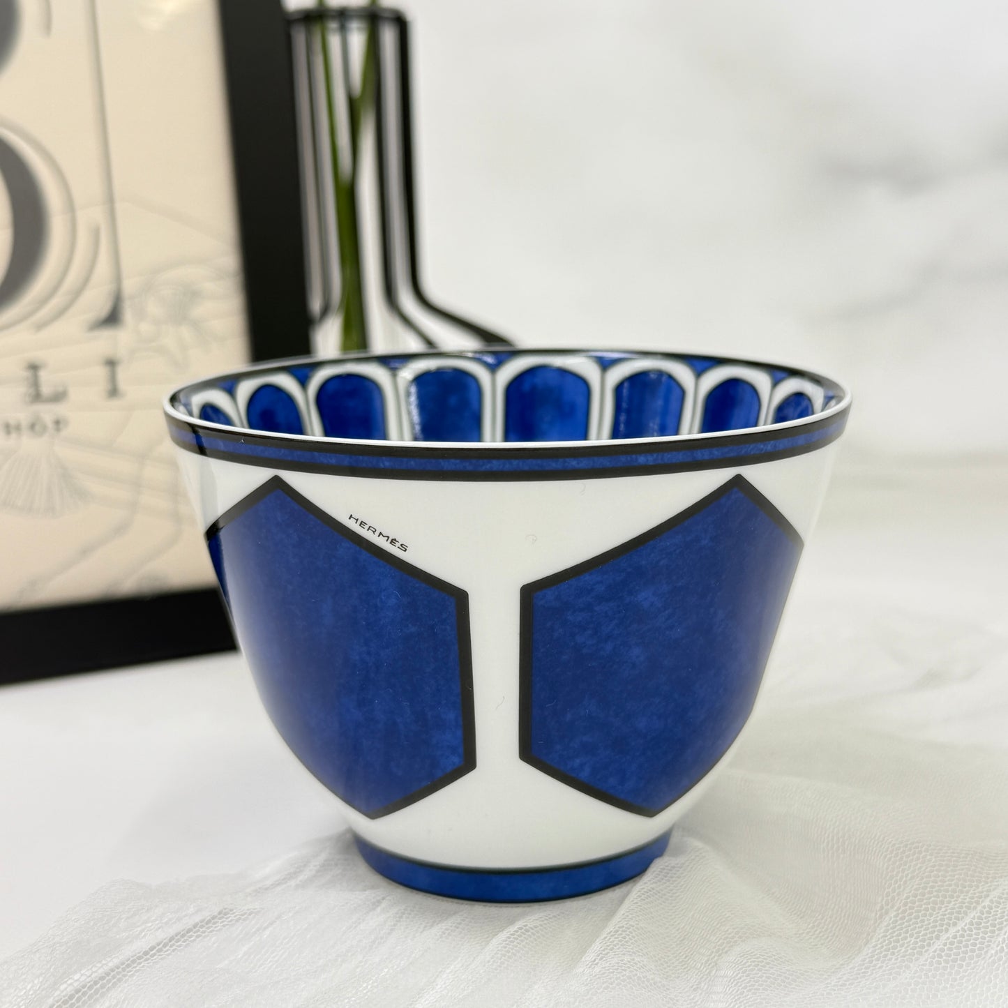 鑑定済み【 新品未使用 】エルメス 《 ブルー ダイユール 》 ブルー ホワイト 陶器 食器 コップ ラージボウル No1