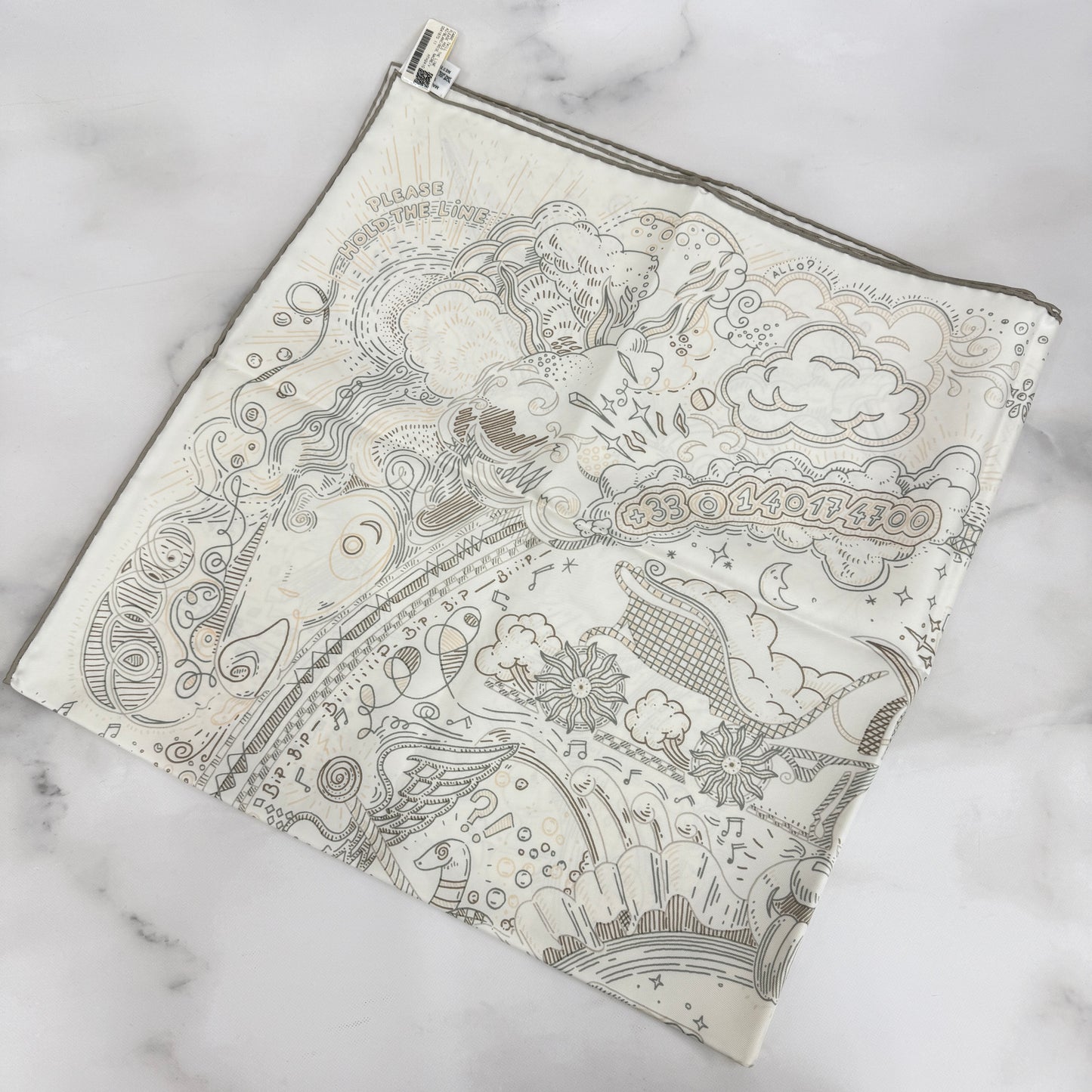 鑑定済み【 新品 】エルメス カレ 90 《 プリーズ・ホールド・ザ・ライン 》 シルク ホワイト オレンジ系 グリーン系 スカーフ