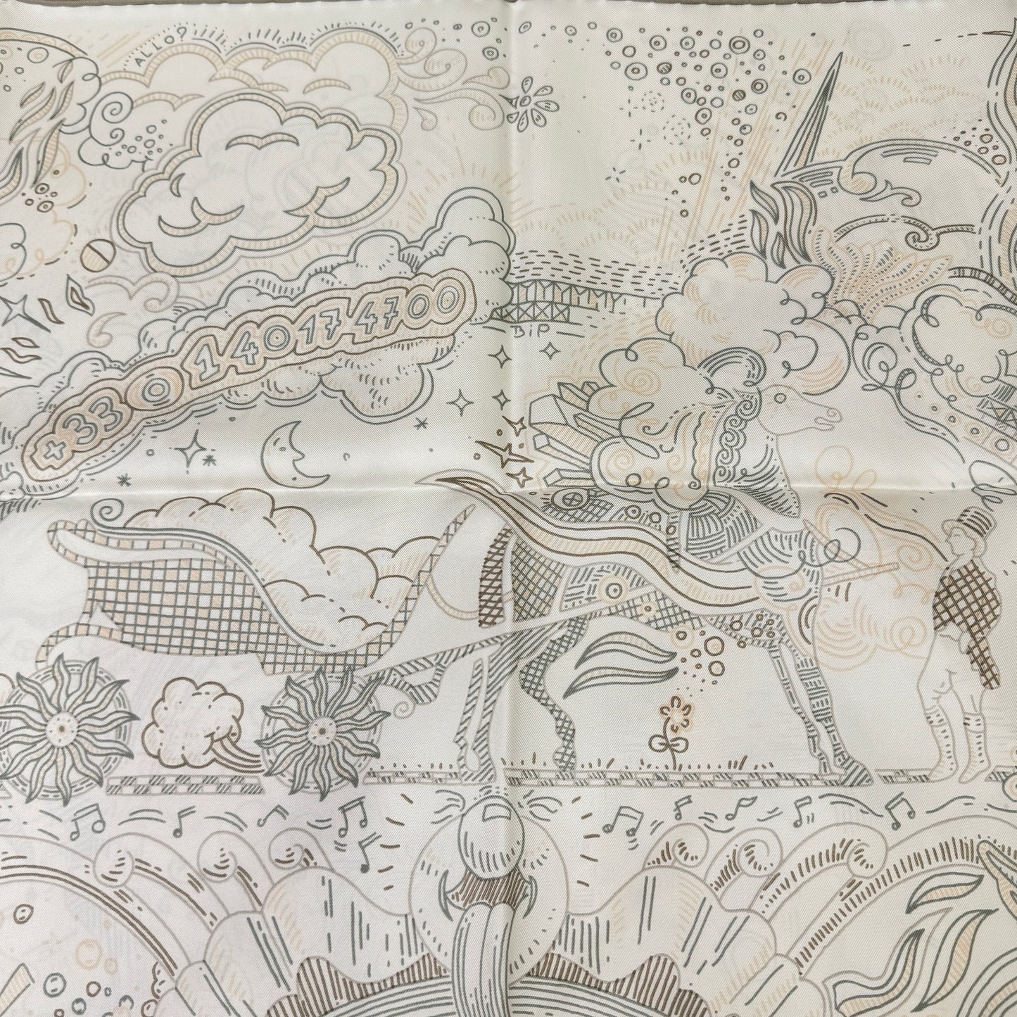 鑑定済み【 新品 】エルメス カレ 90 《 プリーズ・ホールド・ザ・ライン 》 シルク ホワイト オレンジ系 グリーン系 スカーフ