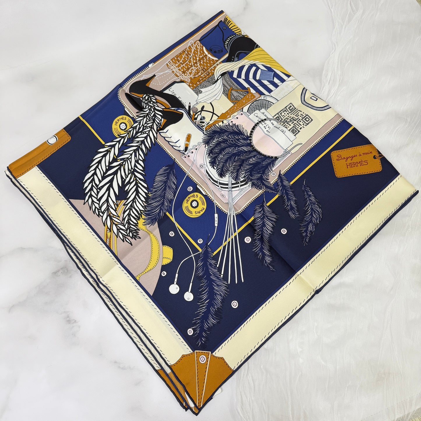 鑑定済み【 新品 】エルメス カレ 90 《 バガージュ・ア・マン 》 シルク  イエロー ブルー ブラウン ベージュ スカーフ