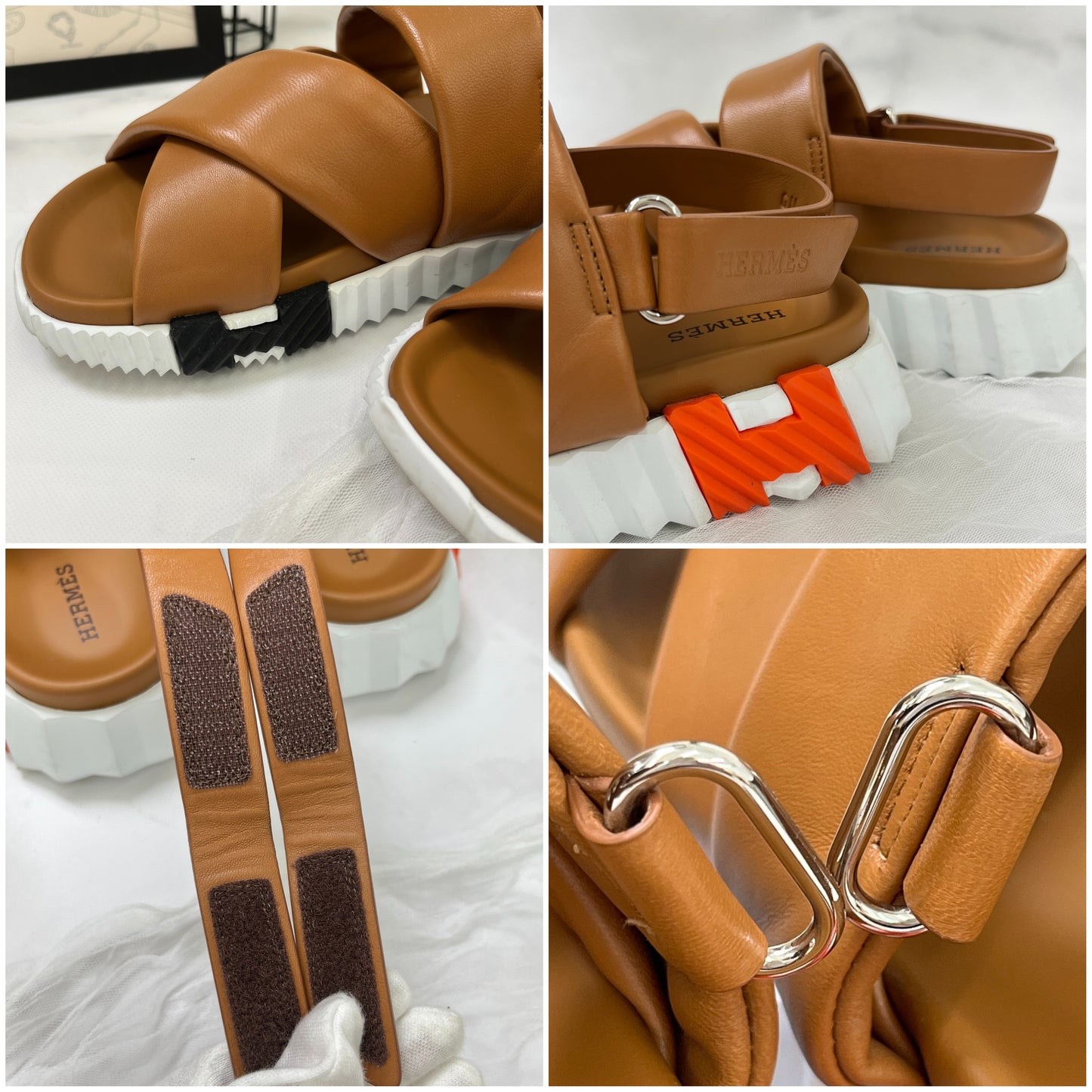 【 鑑定済み 】エルメス 《 エレクトリック 》 35 22.5cm ブラウン ホワイト ブラック シルバー金具 レザー メタル サンダル Hロゴ
