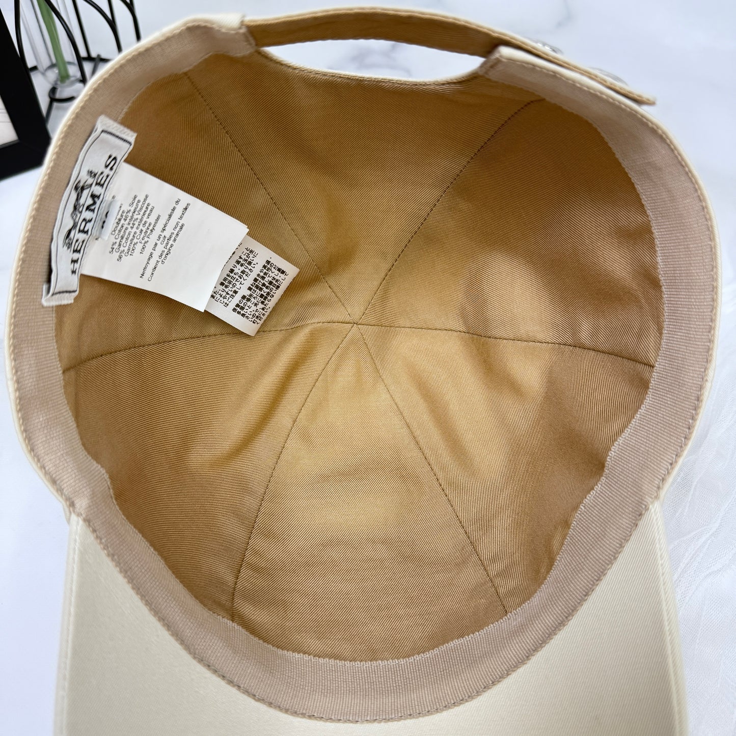鑑定済み【 美品 】エルメス 《 セレナ 》 59 ベージュ グレー シルバー金具 コットン シルク キャスケット キャップ Hリフト