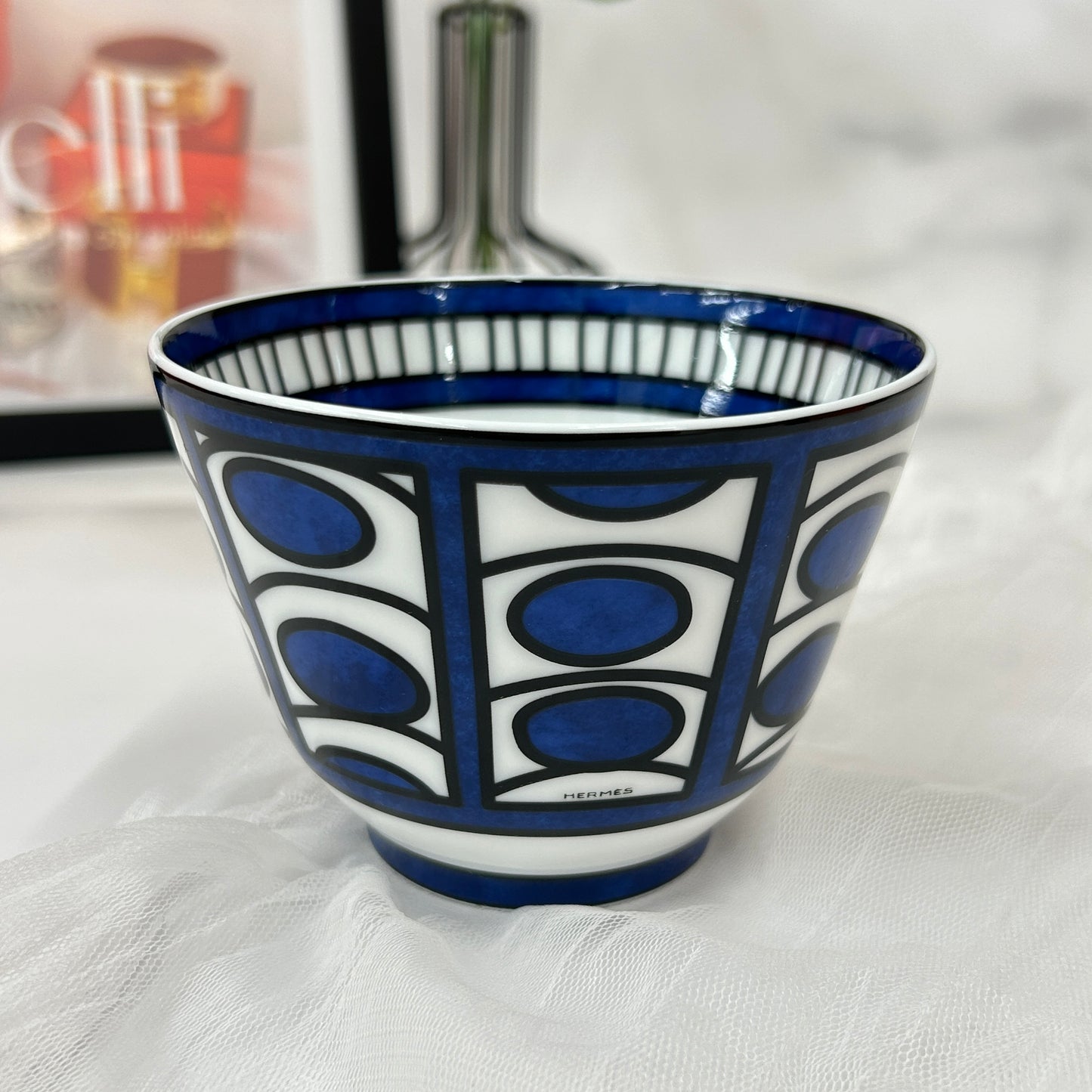 鑑定済み 【 新品未使用 】 エルメス 《 ブルーダイユール 》 ブルー ホワイト 陶器 食器 コップ ラージボウル