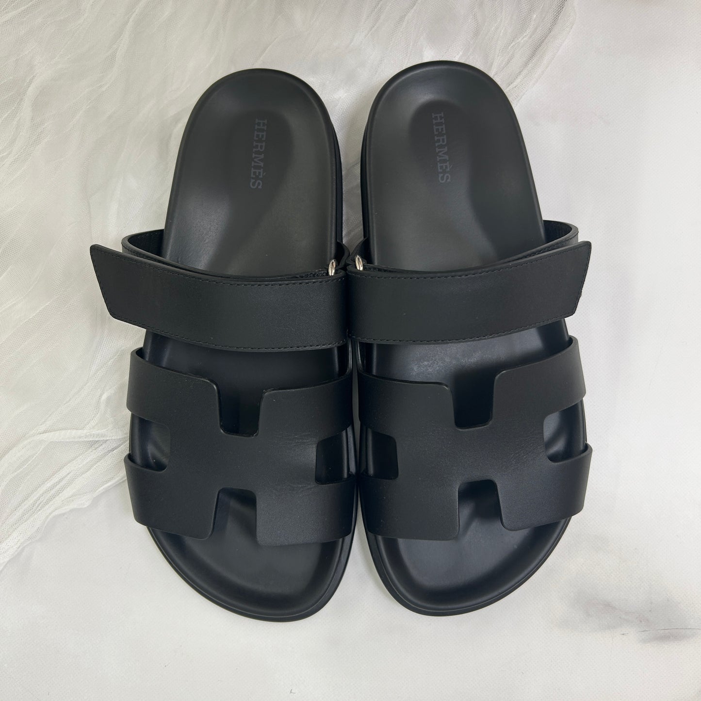 【 鑑定済み 】 エルメス 《 シプレ 》 38 24.5cm程度 ブラック 黒 シルバー金具 レザー サンダル
