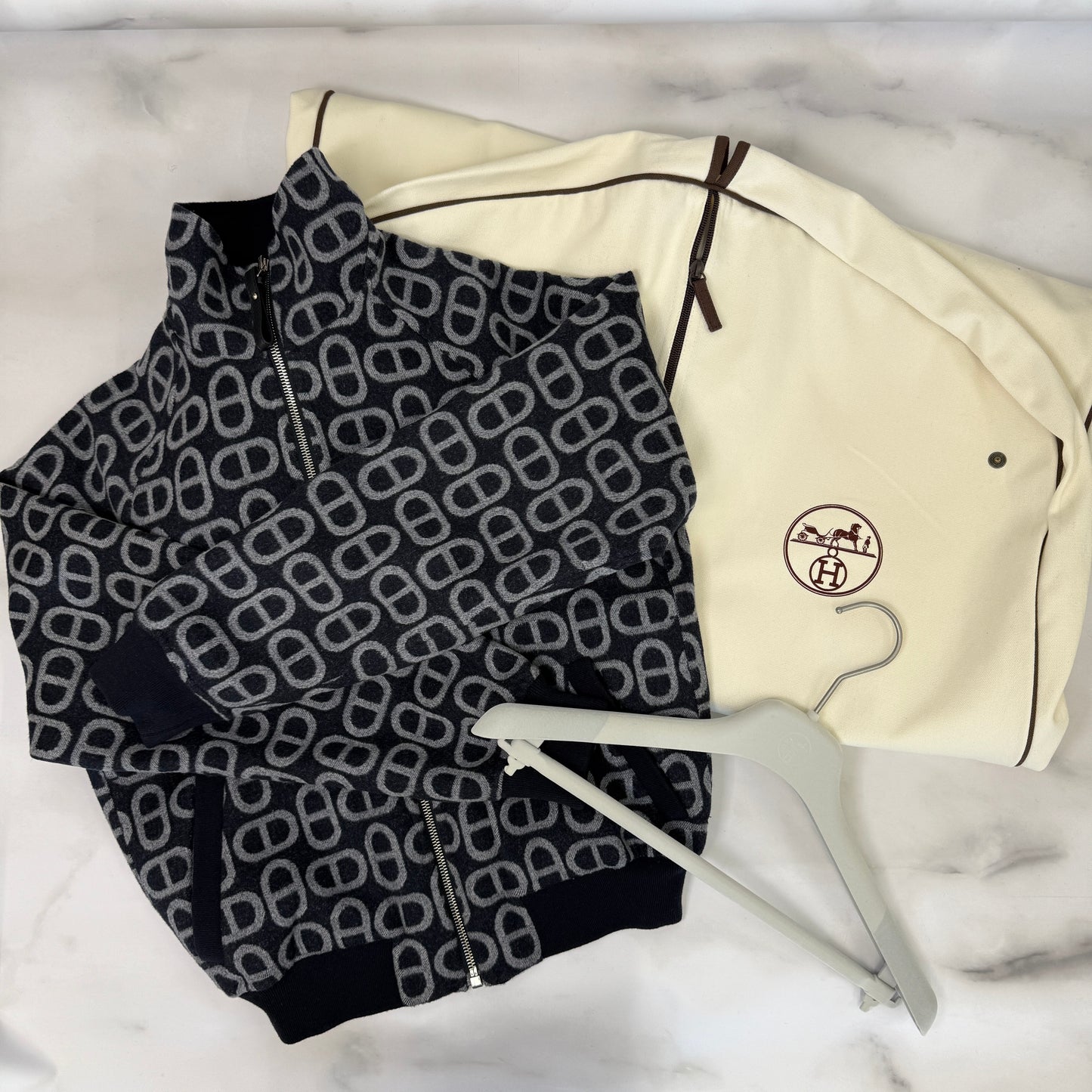 鑑定済み【 美品 】エルメス 《 シェーヌ ダンクル 》 リバーシブル ボンバージャケット 34 ( 5号程度 ) 4H0141DC ネイビー グレー シルバー金具 ウール ブルゾン ジップ 袖リブ