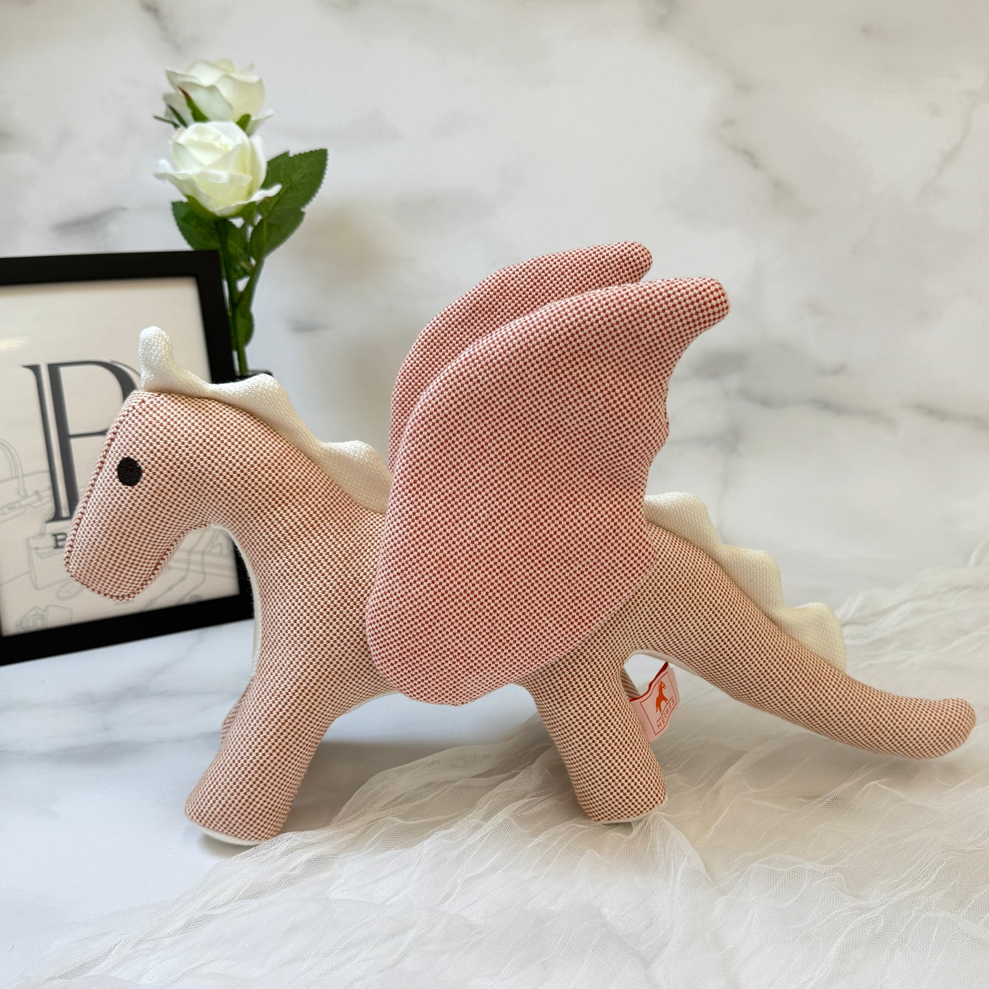 鑑定済み【 美品 】エルメス 《 エポペ 》 ローズ ブーゲンビリア ホワイト トワルH コットン ぬいぐるみ ドラゴン