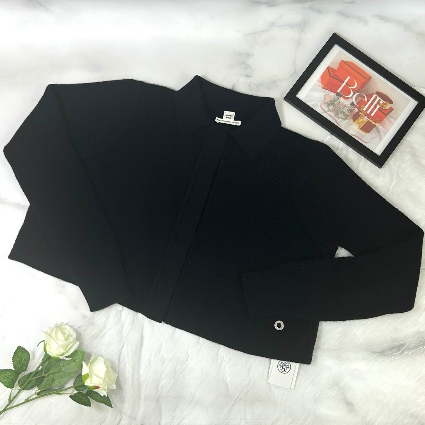 【 鑑定済み 】エルメス カーディガン 36 ネイビー シルバー金具 カシミヤ 襟付き トップス