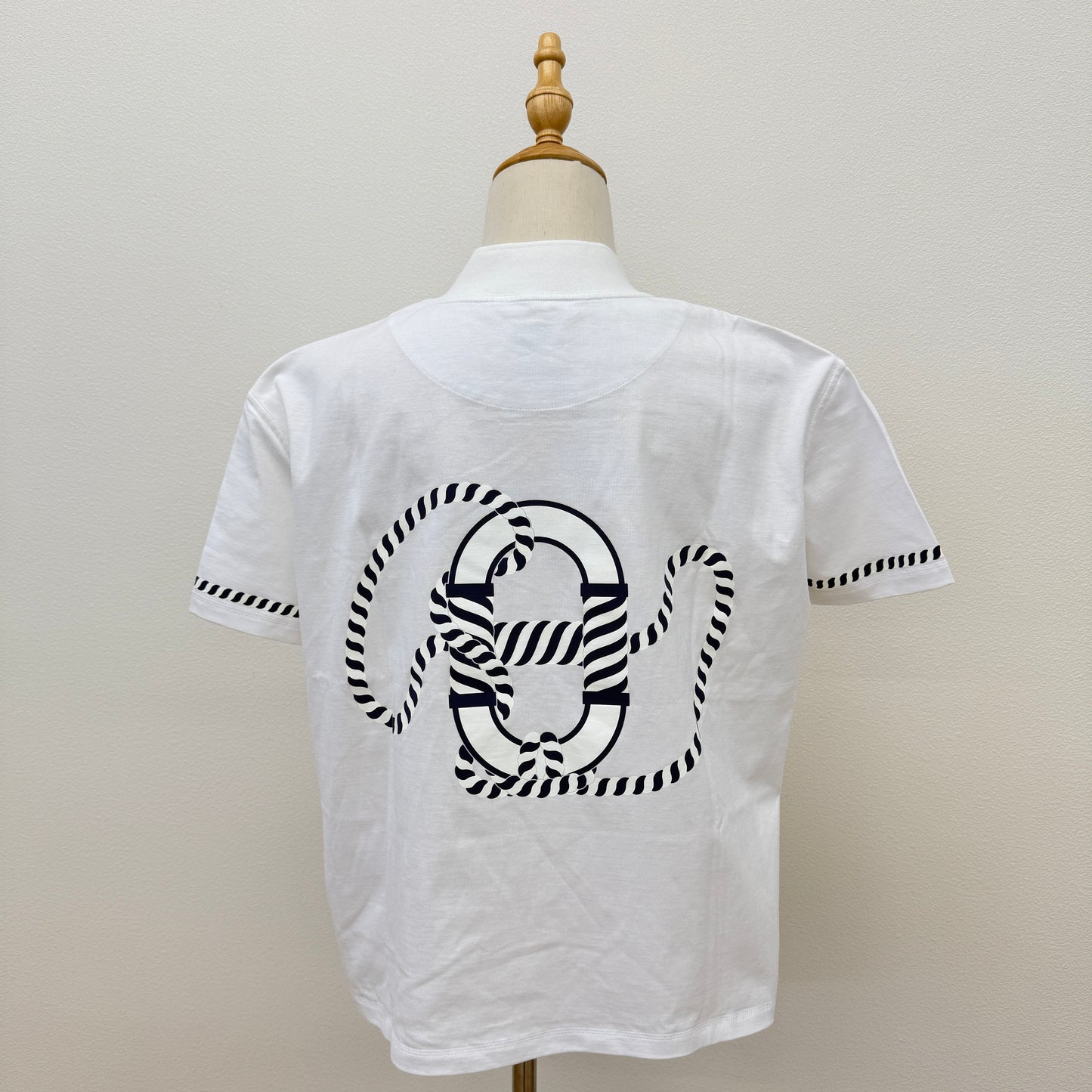 鑑定済み【 新品 】エルメス 《 CANOE 》 38 ホワイト ネイビー コットン 半袖 ボクシーTシャツ ハイネック マリン