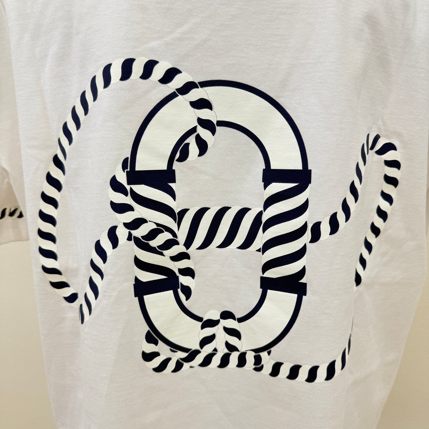 鑑定済み【 新品 】エルメス 《 CANOE 》 38 ホワイト ネイビー コットン 半袖 ボクシーTシャツ ハイネック マリン