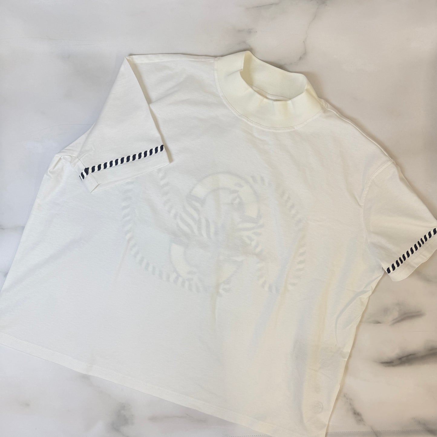 鑑定済み【 新品 】エルメス 《 CANOE 》 38 ホワイト ネイビー コットン 半袖 ボクシーTシャツ ハイネック マリン